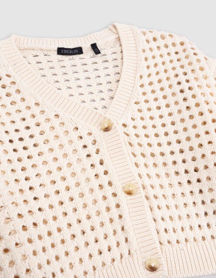 Ikks Cardigan écru Coton Bio Tricot Ajouré Fille