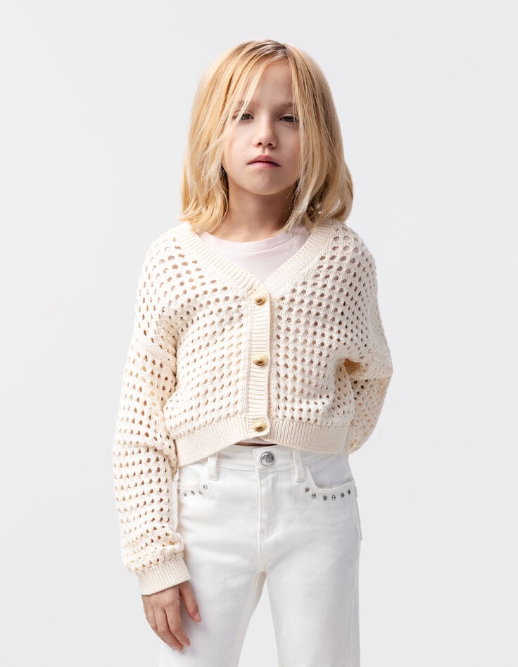 ikks Cardigan écru coton bio tricot ajouré fille