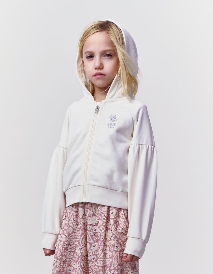ikks Cardigan écru zippé brodé à capuche fille