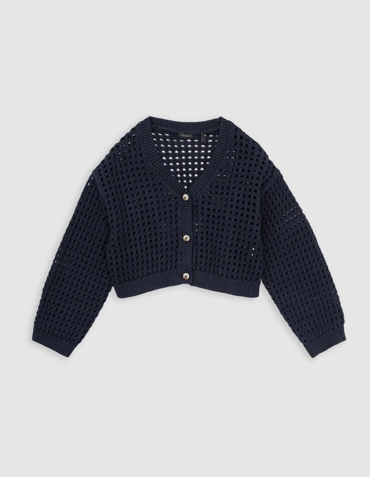 Ikks Cardigan Marine Coton Bio Tricot Ajouré Fille