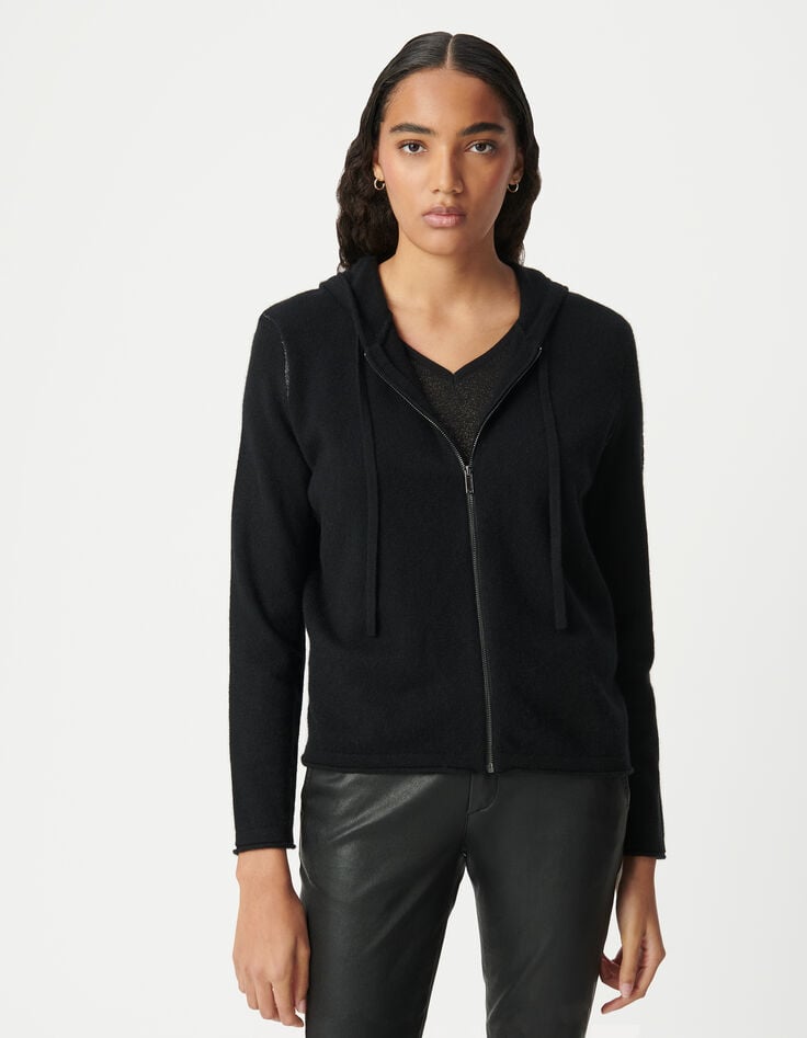 Ikks Cardigan Noir à Capuche 100% Cachemire Femme