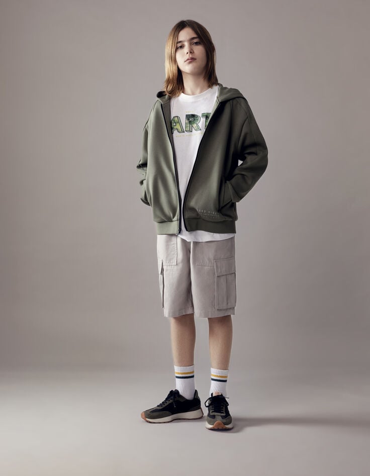 Ikks Cardigan Relaxed Kaki Zippé Molleton Garçon