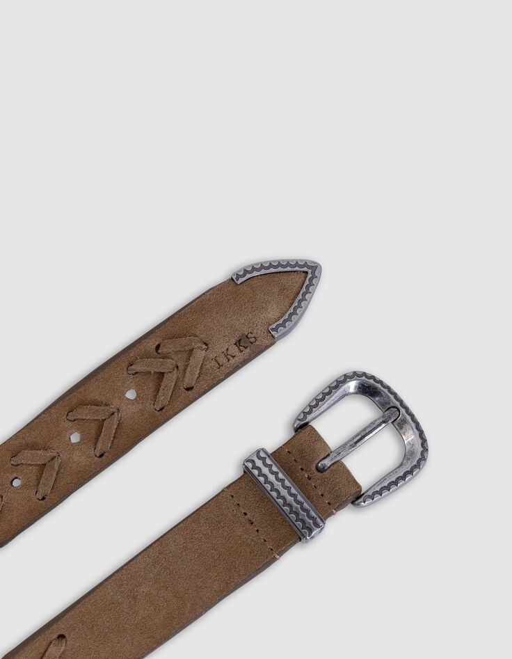 Ikks Ceinture Beige Cuir Velours Laçage Femme