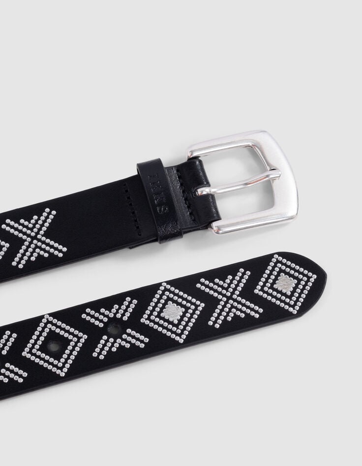 Ikks Ceinture Noire Cuir Décor Micro Clous Femme