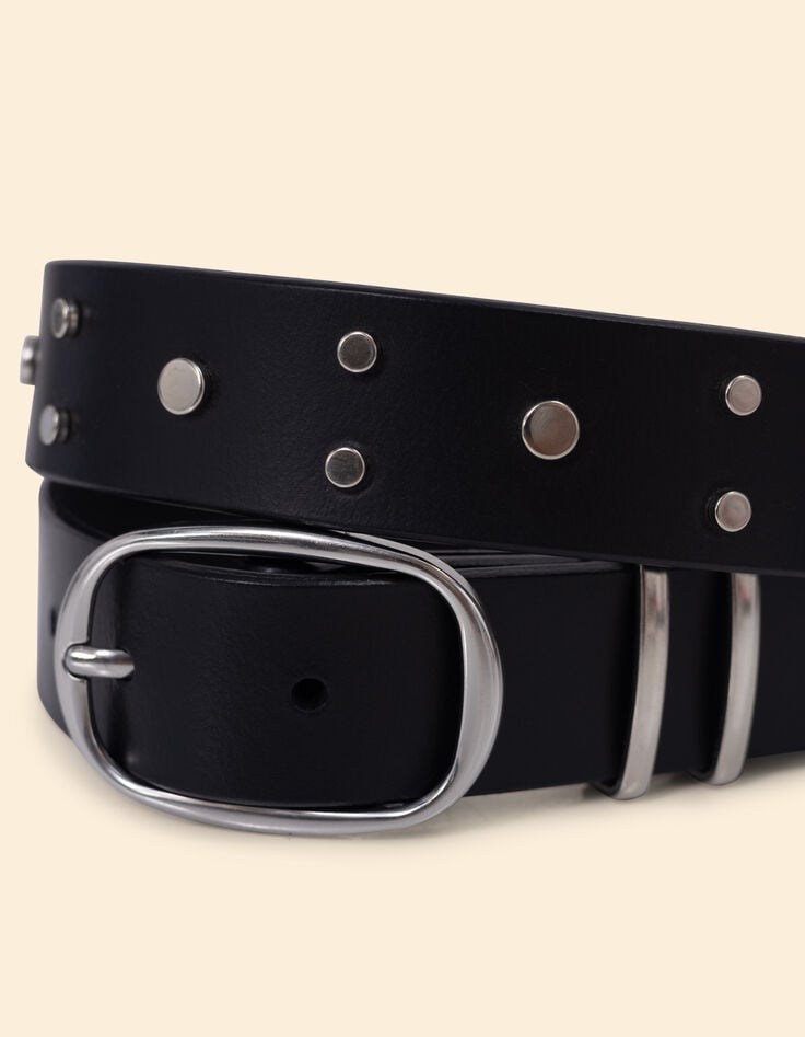 Ikks Ceinture Noire Cuir Détails Rivets I.Code