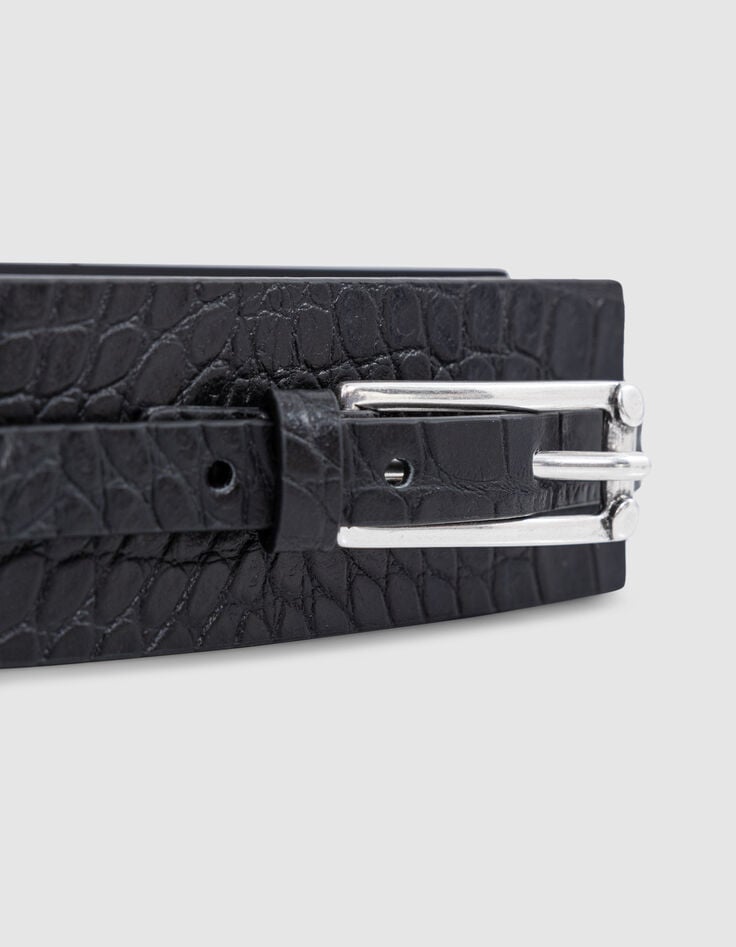 Ikks Ceinture Robe Noire Cuir Embossé Croco Femme