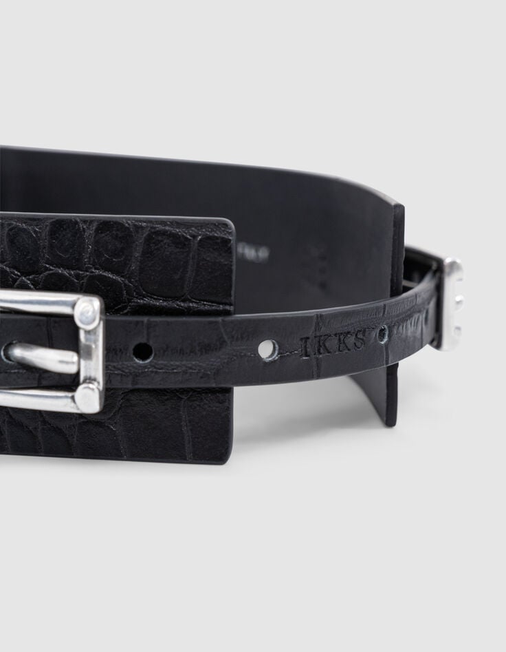 Ikks Ceinture Robe Noire Cuir Embossé Croco Femme