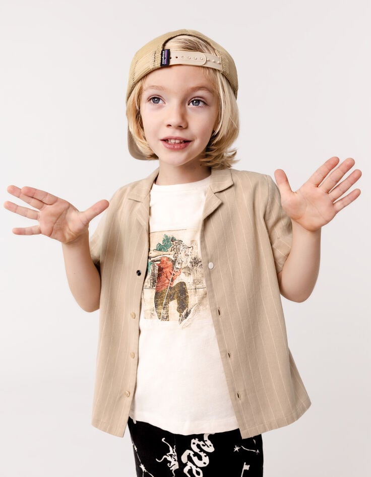 Ikks Chemise Beige Coton Bio Motifs Rayures Garçon