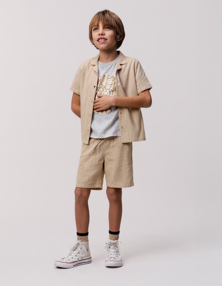 Ikks Chemise Beige Coton Bio Motifs Rayures Garçon