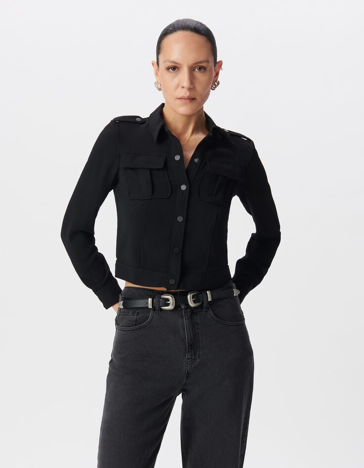 Ikks Chemise Noire Recyclée Poches Poitrine Femme