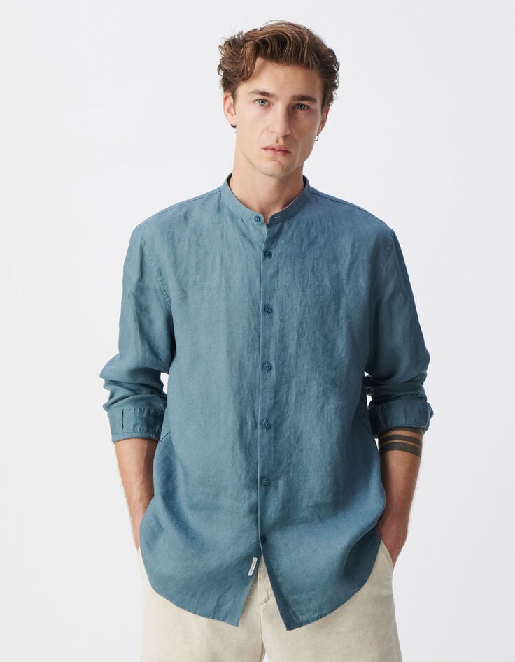 ikks Chemise REGULAR orage col Mao en lin Homme