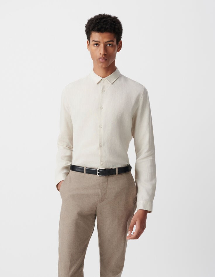 Ikks Chemise SLIM Beige En Lin Homme