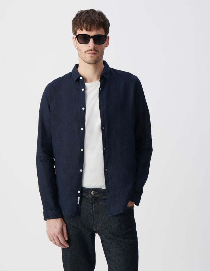 Ikks Chemise SLIM Marine 100% Lin Homme