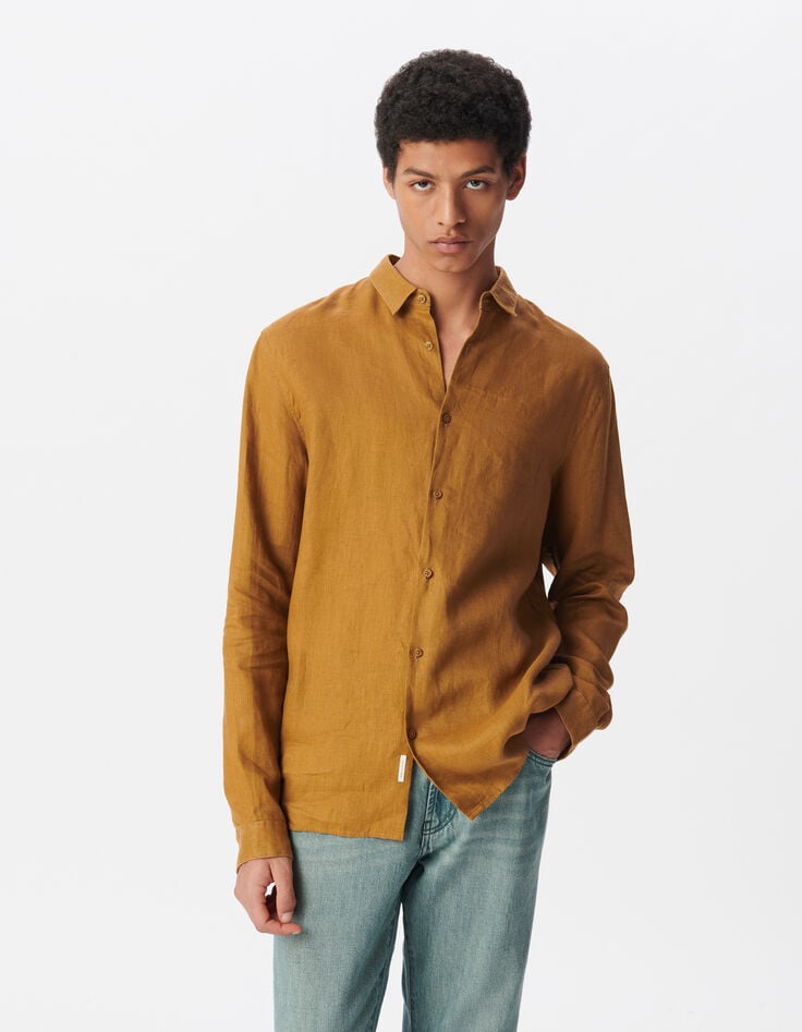 ikks Chemise SLIM safran en lin Homme