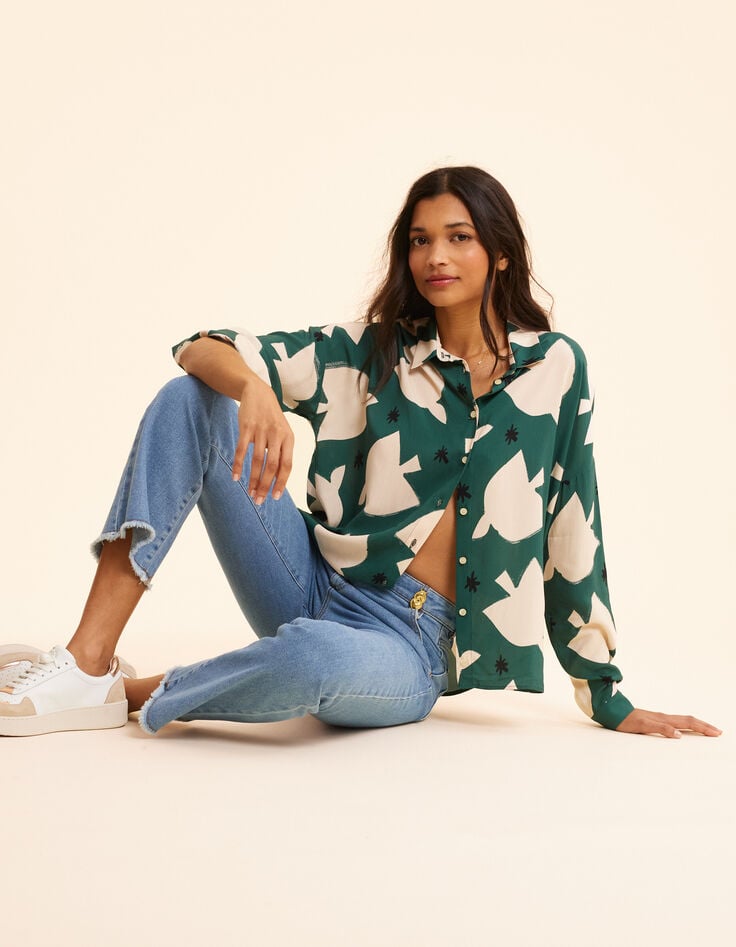 ikks Chemise verte imprimé maxi oiseaux I.Code