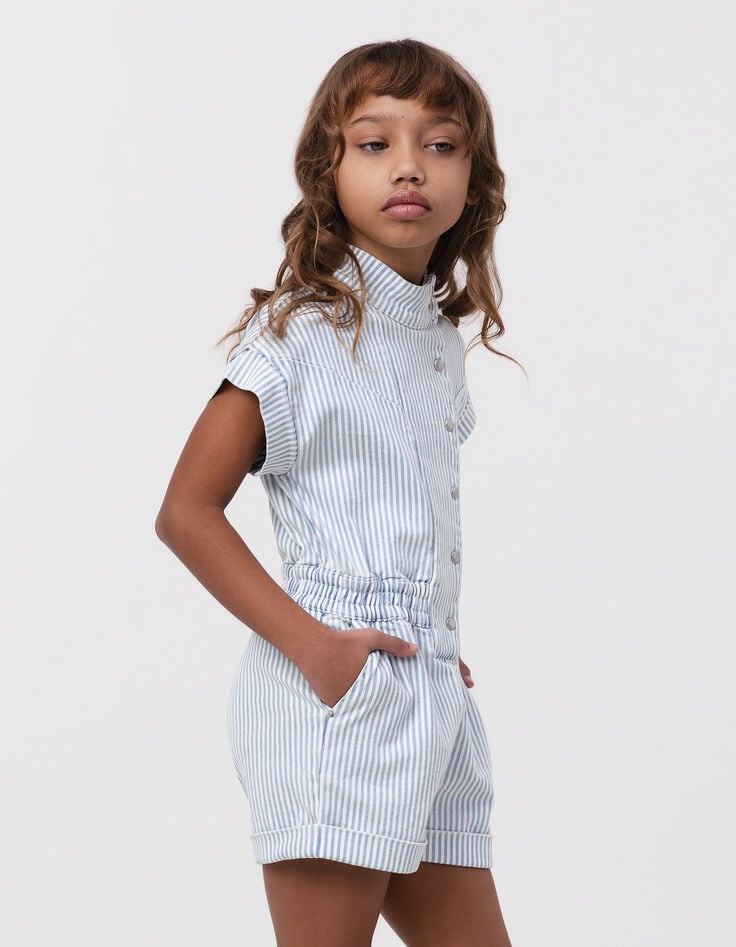 ikks Combishort en jean blanc rayures bleues fille