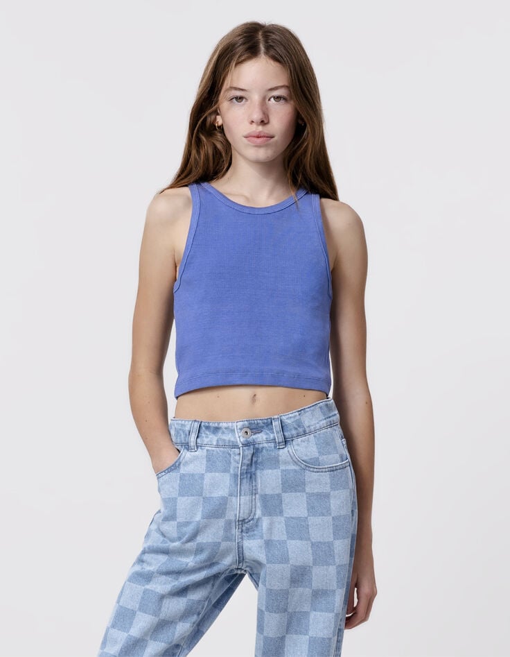 ikks Débardeur bleu forme cropped côtelé fille