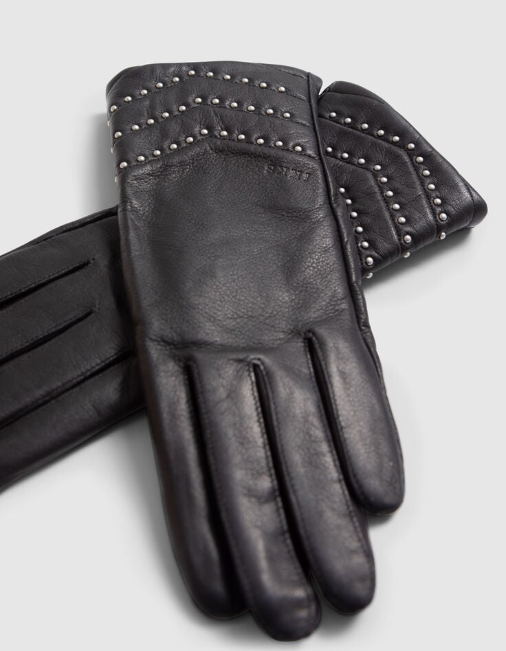 Ikks Gants Noirs En Cuir Chevrons Cloutés Femme
