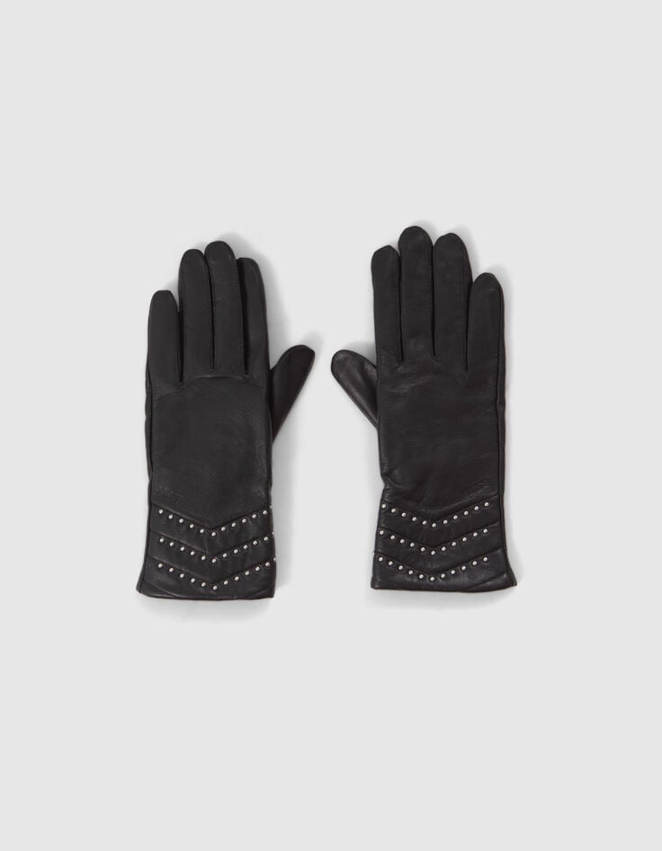 ikks Gants noirs en cuir chevrons cloutés Femme