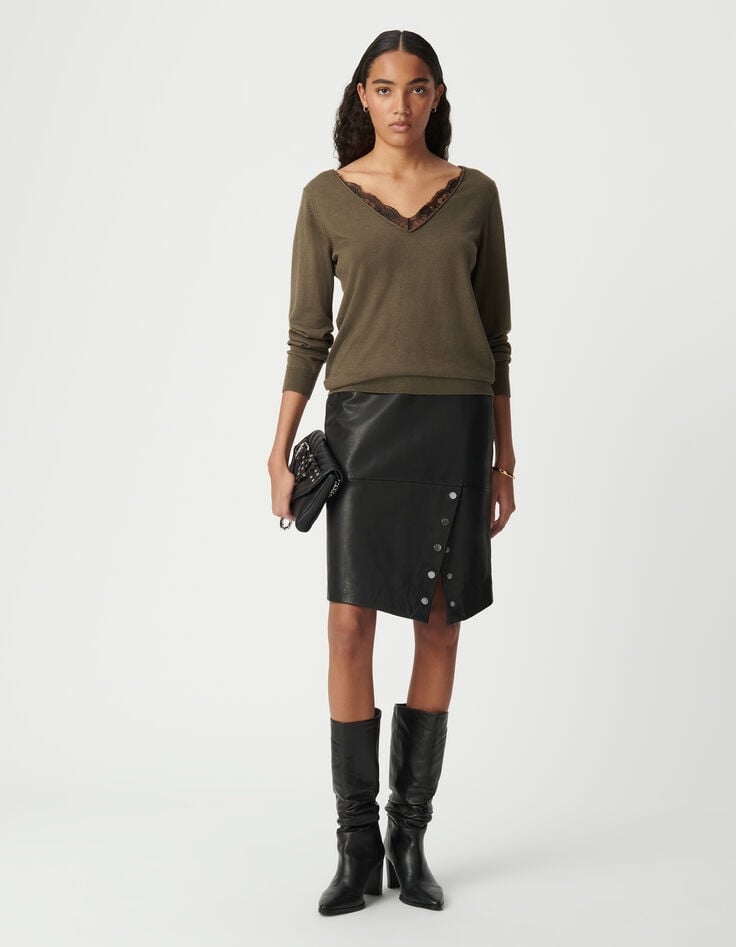 Ikks Jupe Crayon Noire En Cuir Pressionné Femme