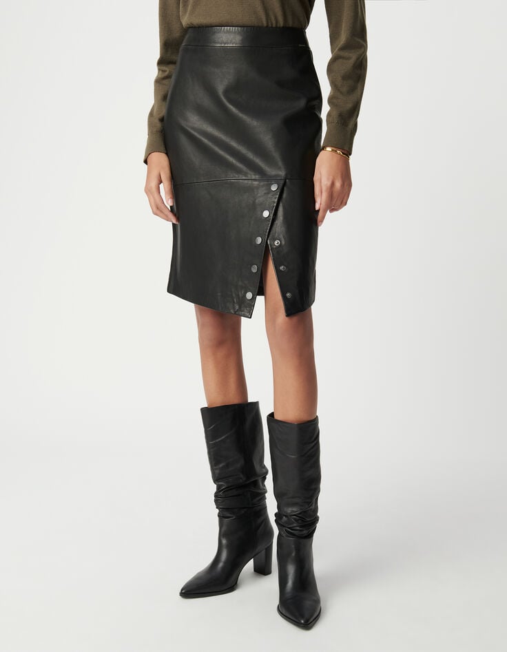 Ikks Jupe Crayon Noire En Cuir Pressionné Femme