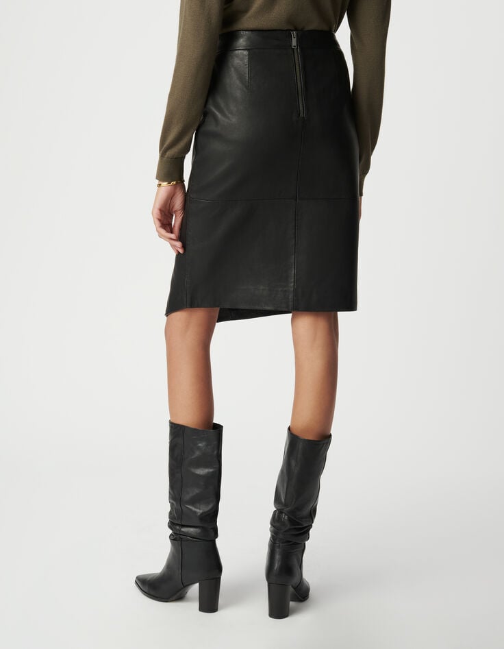 Ikks Jupe Crayon Noire En Cuir Pressionné Femme