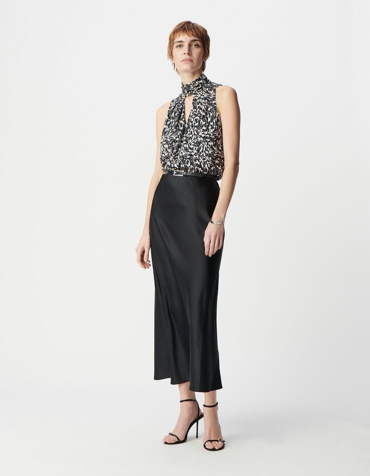 ikks Jupe longue noire satinée Femme