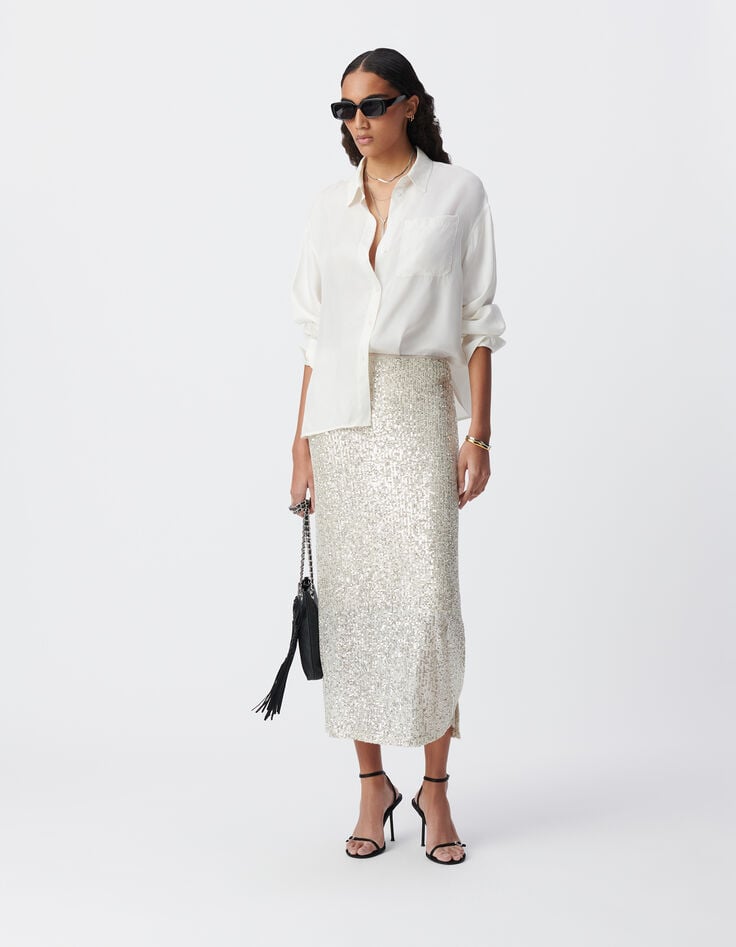 Ikks Jupe Midi Argentée Brodée Sequins Femme