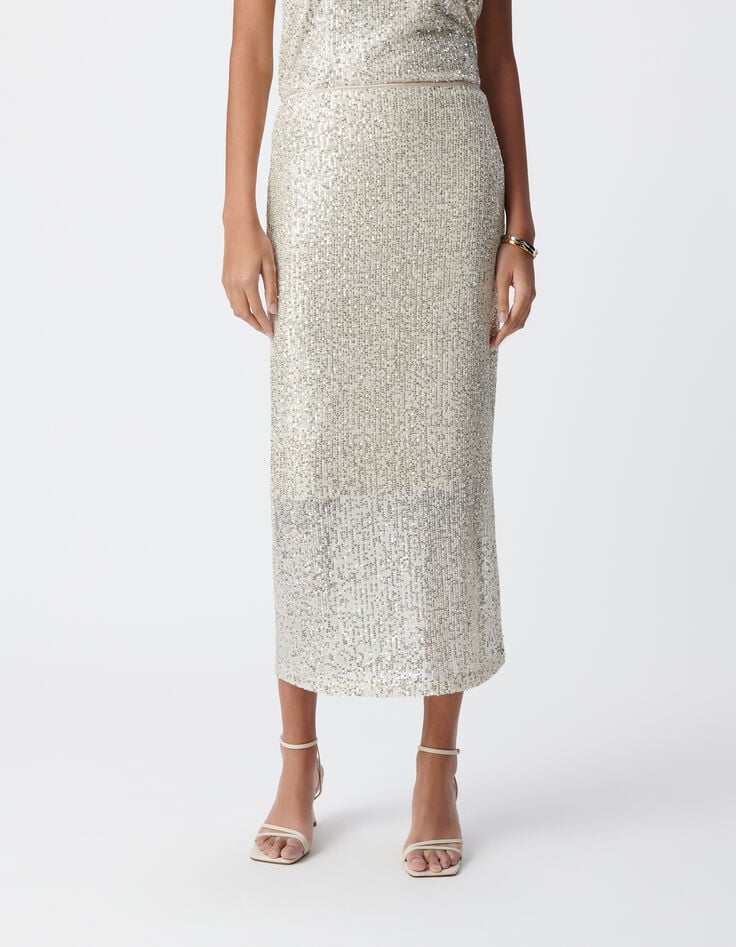 Ikks Jupe Midi Argentée Brodée Sequins Femme