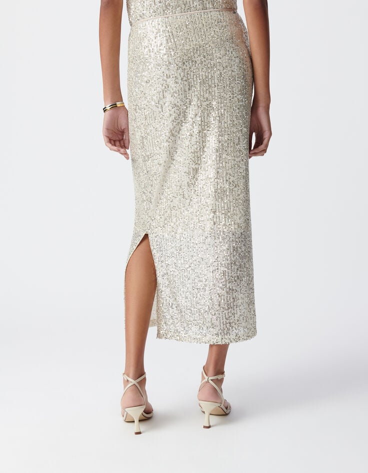 Ikks Jupe Midi Argentée Brodée Sequins Femme
