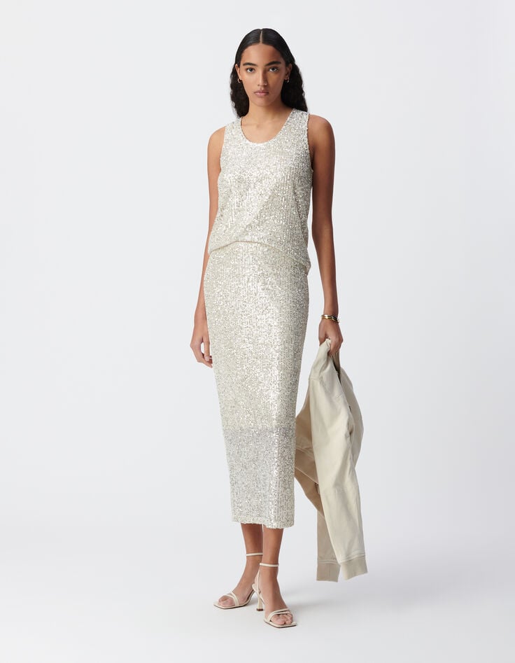 ikks Jupe midi argentée brodée sequins Femme