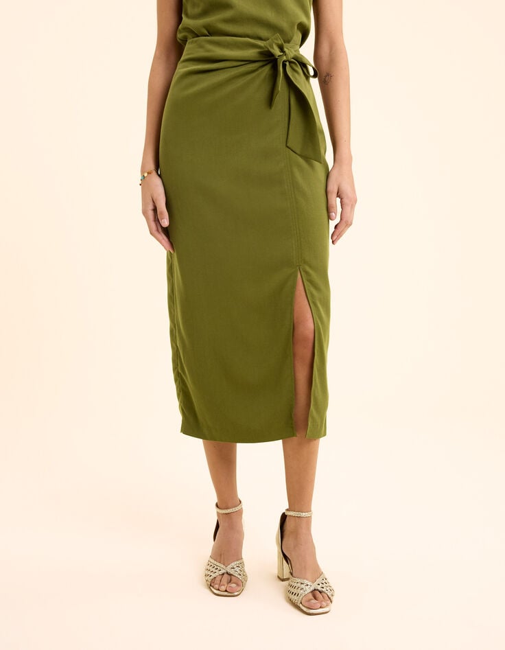 Ikks Jupe Midi Kaki Fluide Nouée Côté I.Code