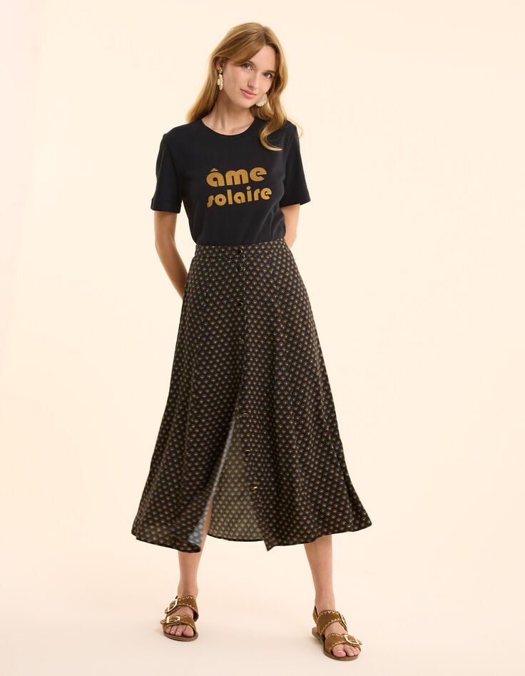 Ikks Jupe Midi Noire Imprimé Floral Cœur I.Code