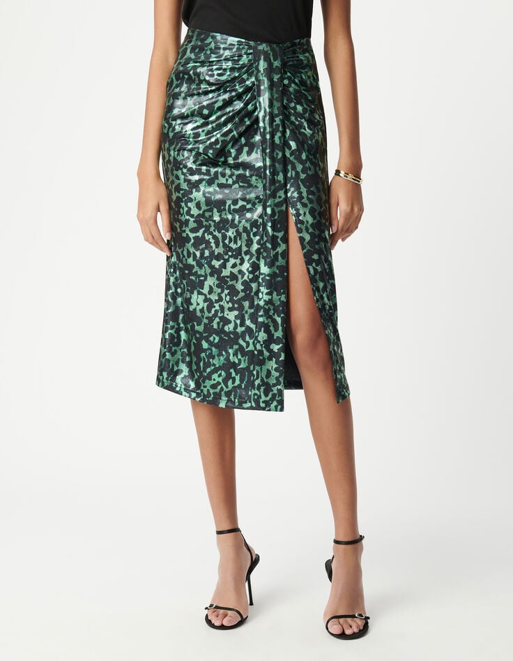 Ikks Jupe Verte Imprimé Camouflage Métallisé Femme