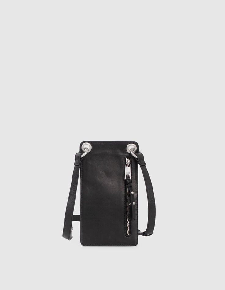 Ikks La Pochette-téléphone 111 Noire Cuir Femme