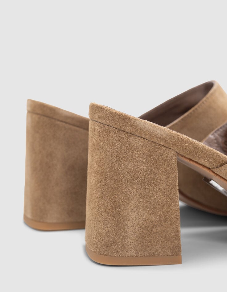 Ikks Mules à Talon Beige Cuir Velours Femme
