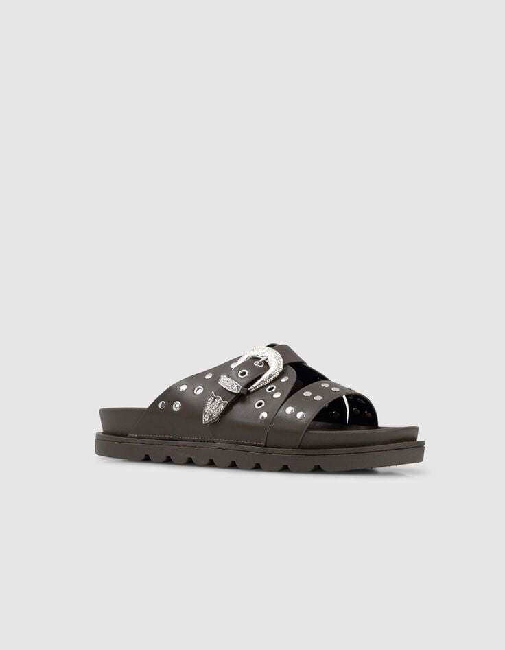 Ikks Mules Kaki Cuir Clouté Boucle Western Femme