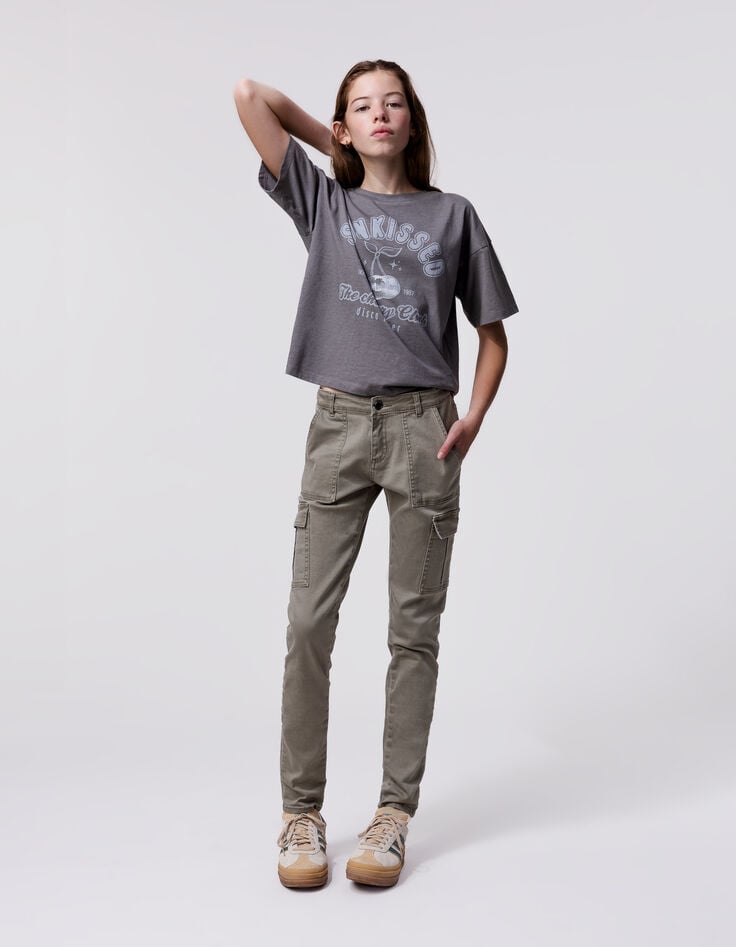 ikks Pantalon battle kaki à taille haute fille