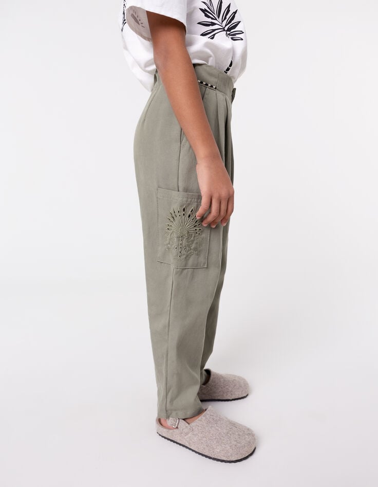 Ikks Pantalon BATTLE Kaki Brodé Fille