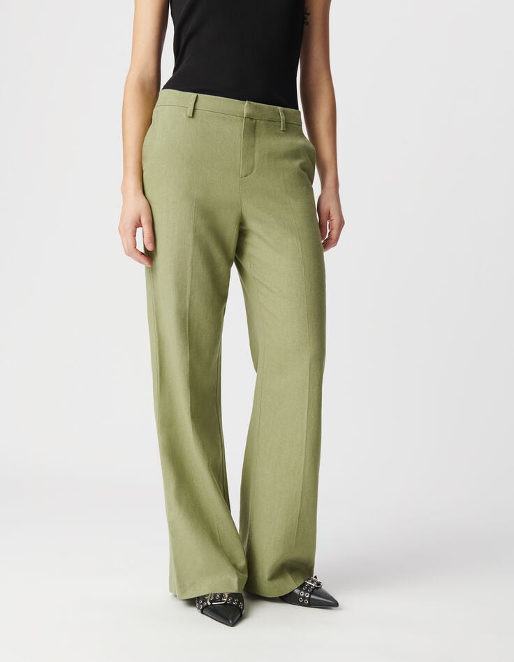 Ikks Pantalon De Costume Vert Lin Et Coton Femme