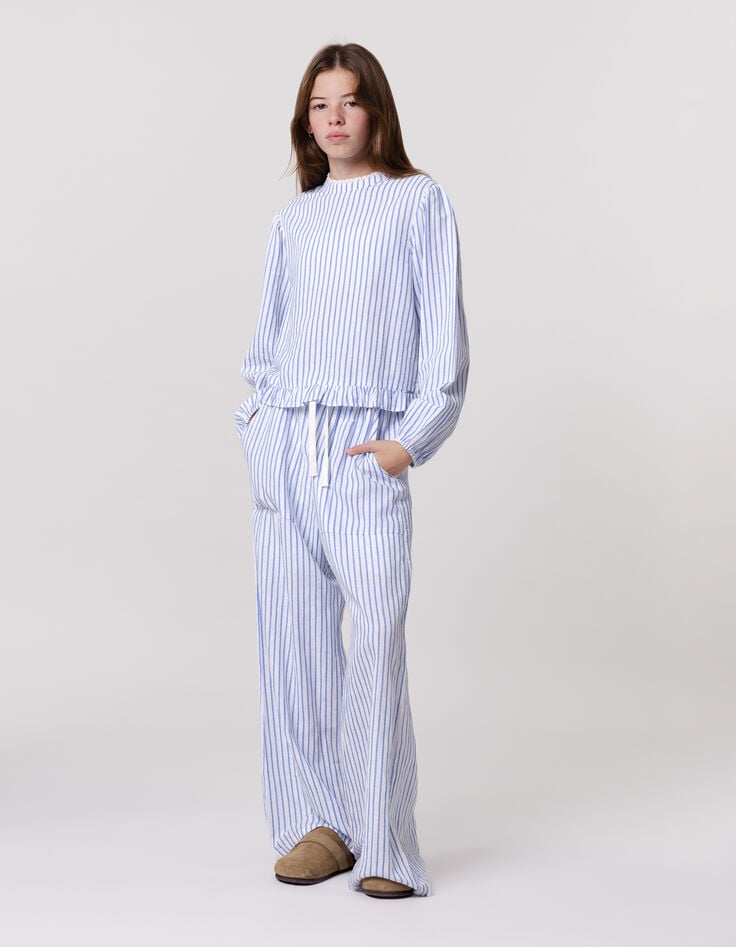 Ikks Pantalon LARGE Blanc Rayures Bleues Fille