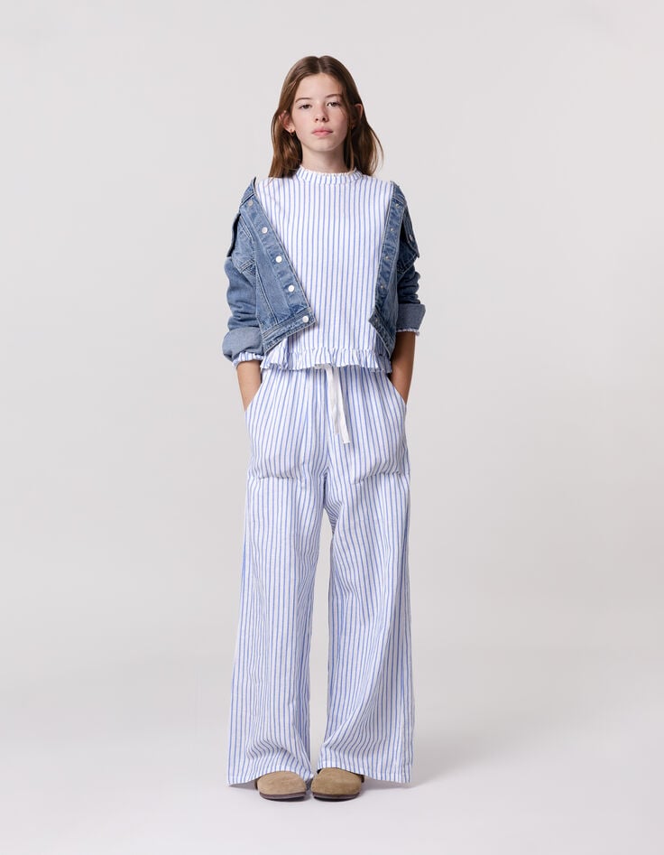 Ikks Pantalon LARGE Blanc Rayures Bleues Fille