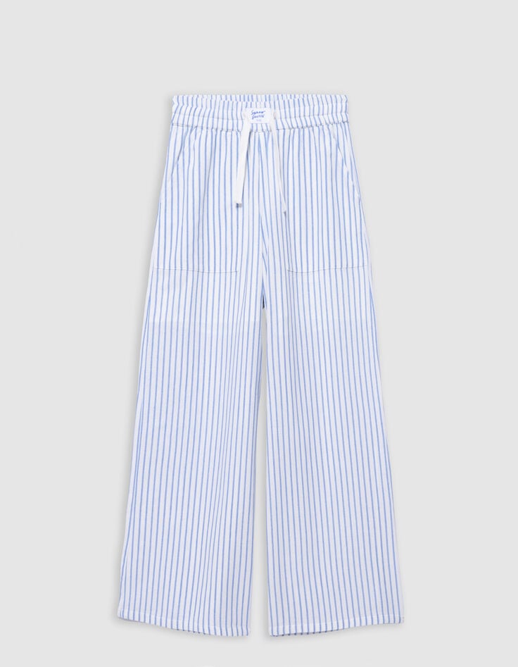 Ikks Pantalon LARGE Blanc Rayures Bleues Fille