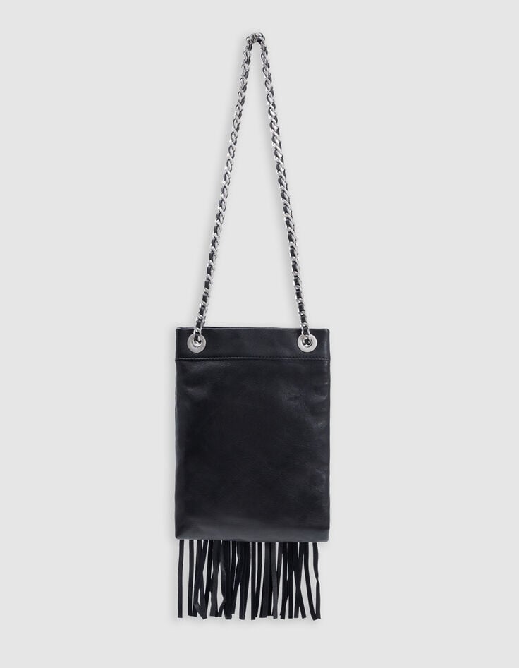 Ikks Phone Bag Noir Cuir Façon Macramé Frangé