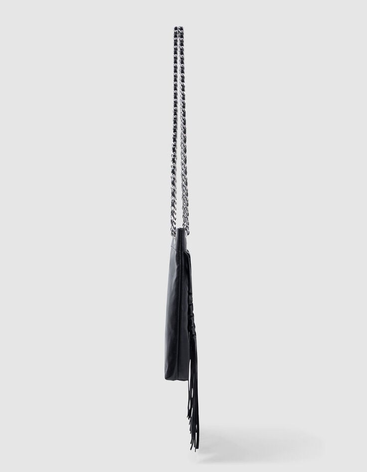 Ikks Phone Bag Noir Cuir Façon Macramé Frangé