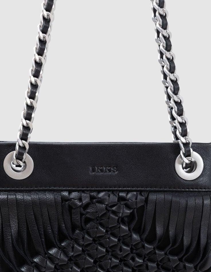 Ikks Phone Bag Noir Cuir Façon Macramé Frangé