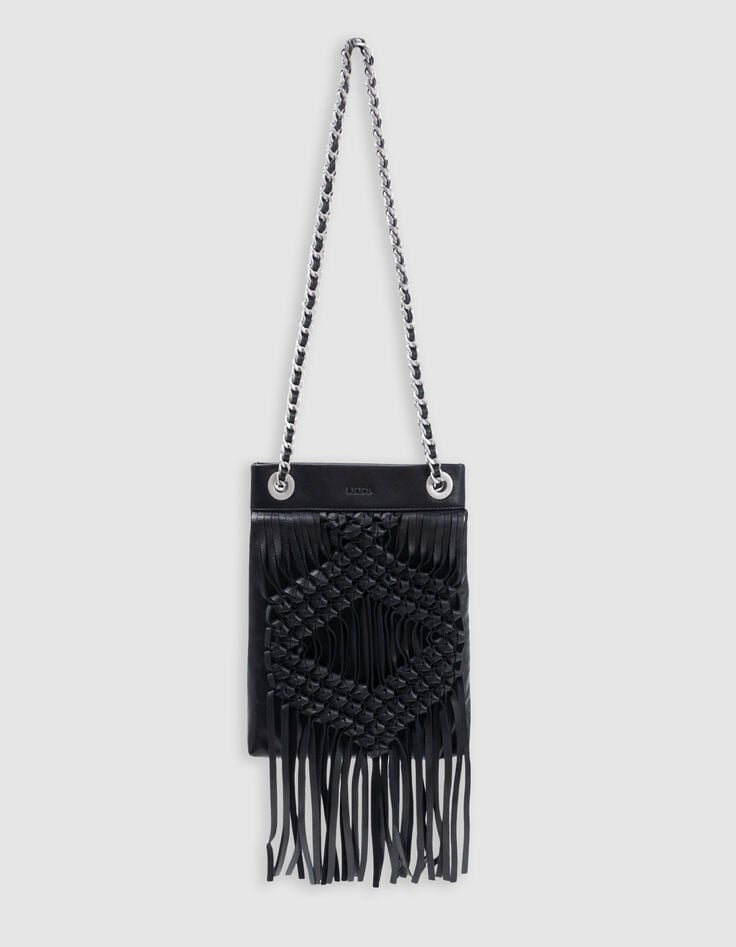 ikks Phone bag noir cuir façon macramé frangé