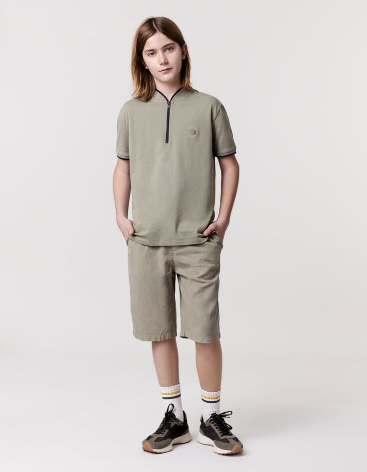 ikks Polo kaki coton bio col zippé garçon