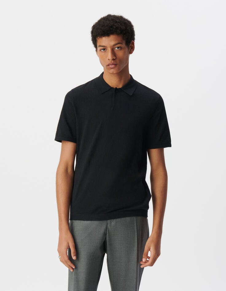 Ikks Polo Noir En Tricot Flammé Homme