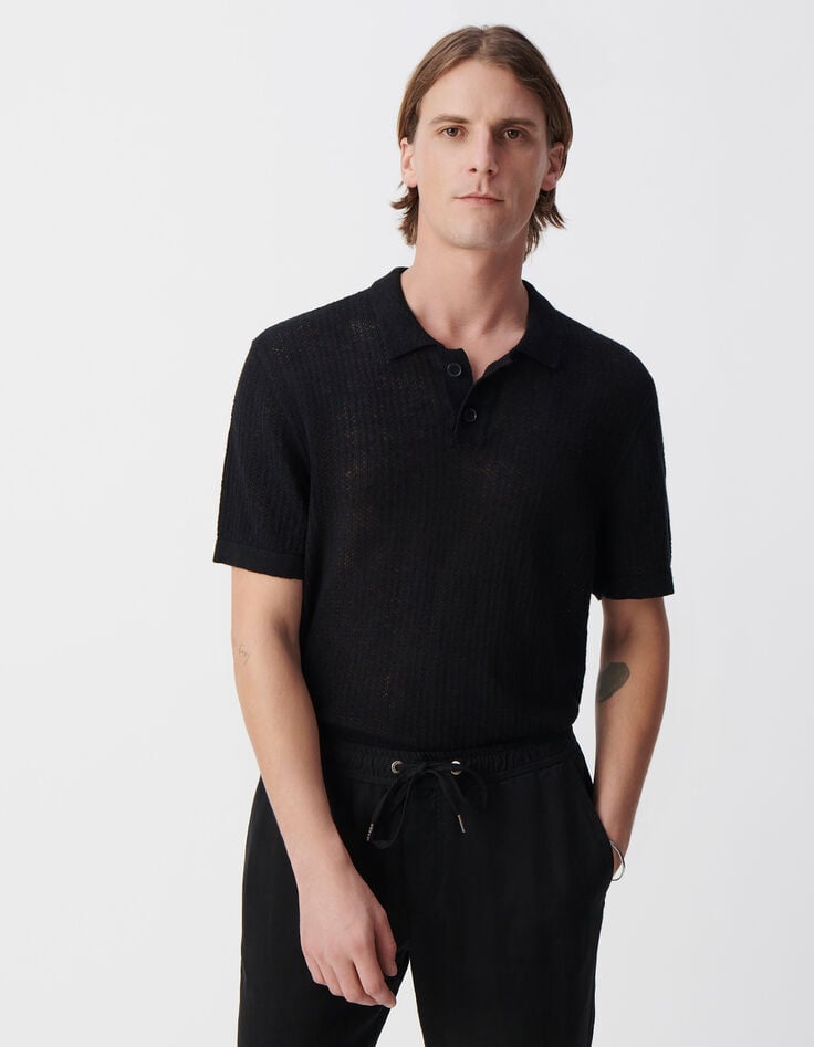 Ikks Polo Noir Tricot Ajouré Fantaisie Homme